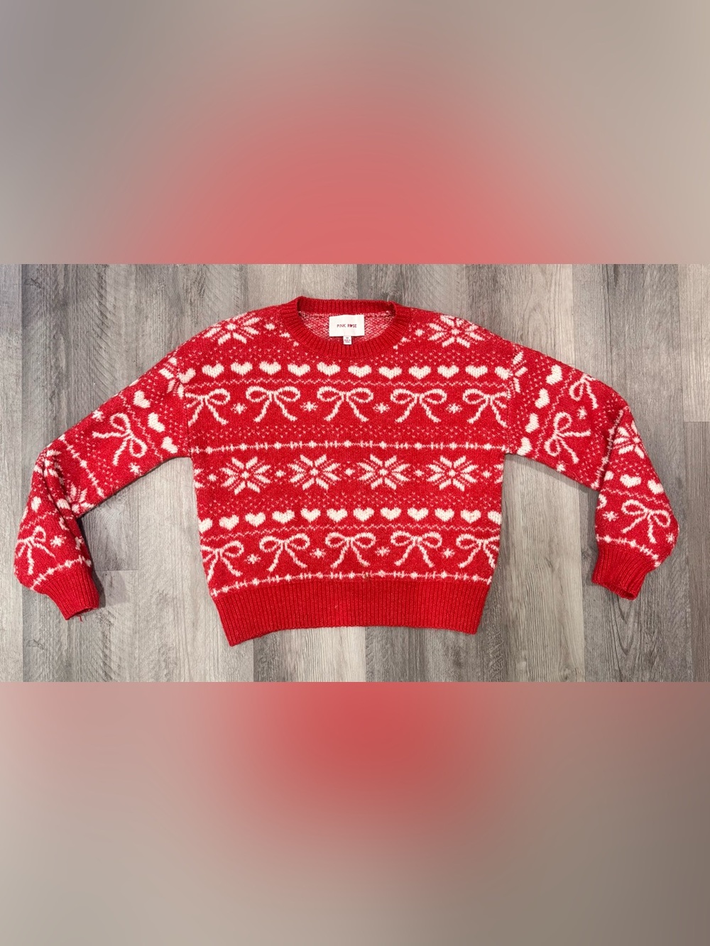 Pink Rose Red & White Fair Isle Heart Bow Crewneck Sweater